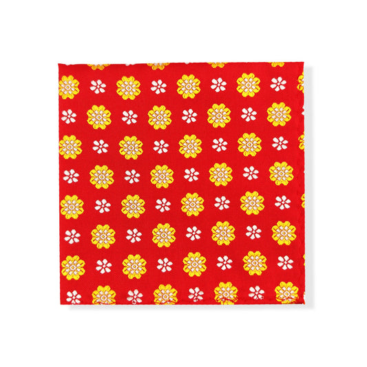 Red Yellow Flower Geometric Tie & Pocket Square Set