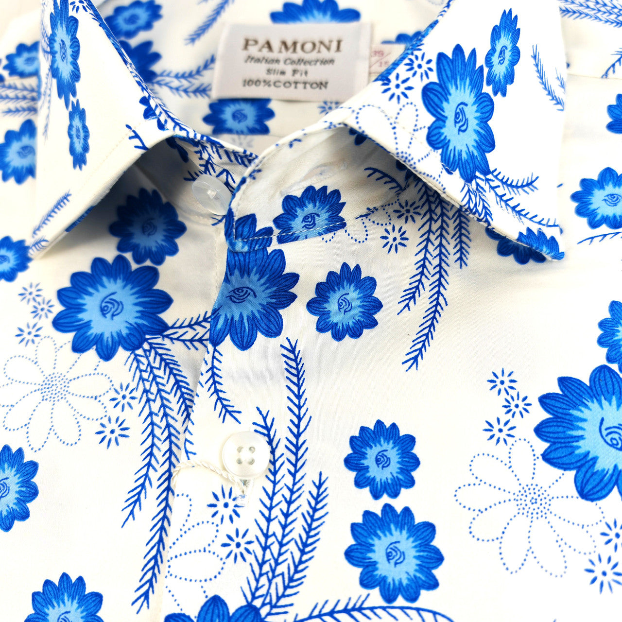White and Blue Floral Print Short Sleeves Shirt