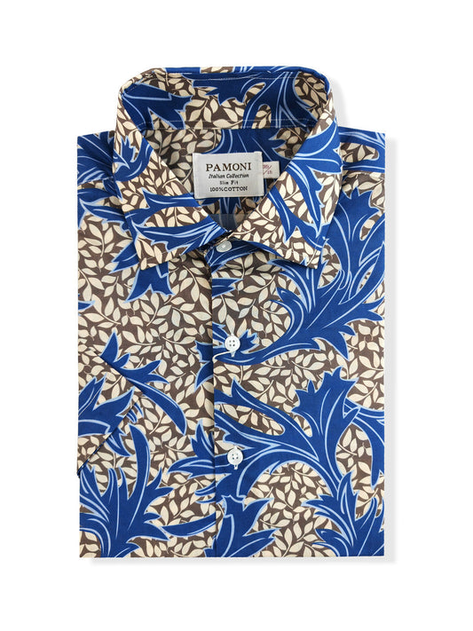 Blue and Brown Floral Print Short Sleeves Shirt