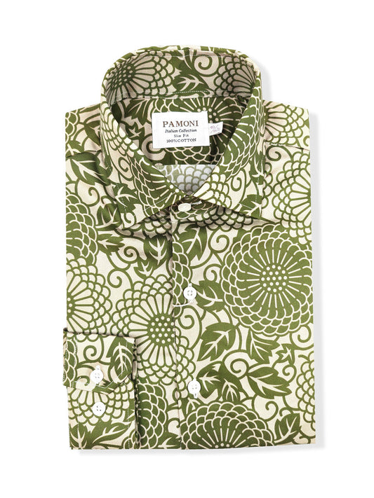 Men's Slim Fit Green Patterned Shirt