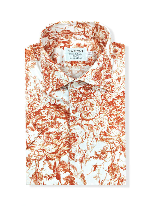 White Orange Floral and Botanical Print Short Sleeves Shirt