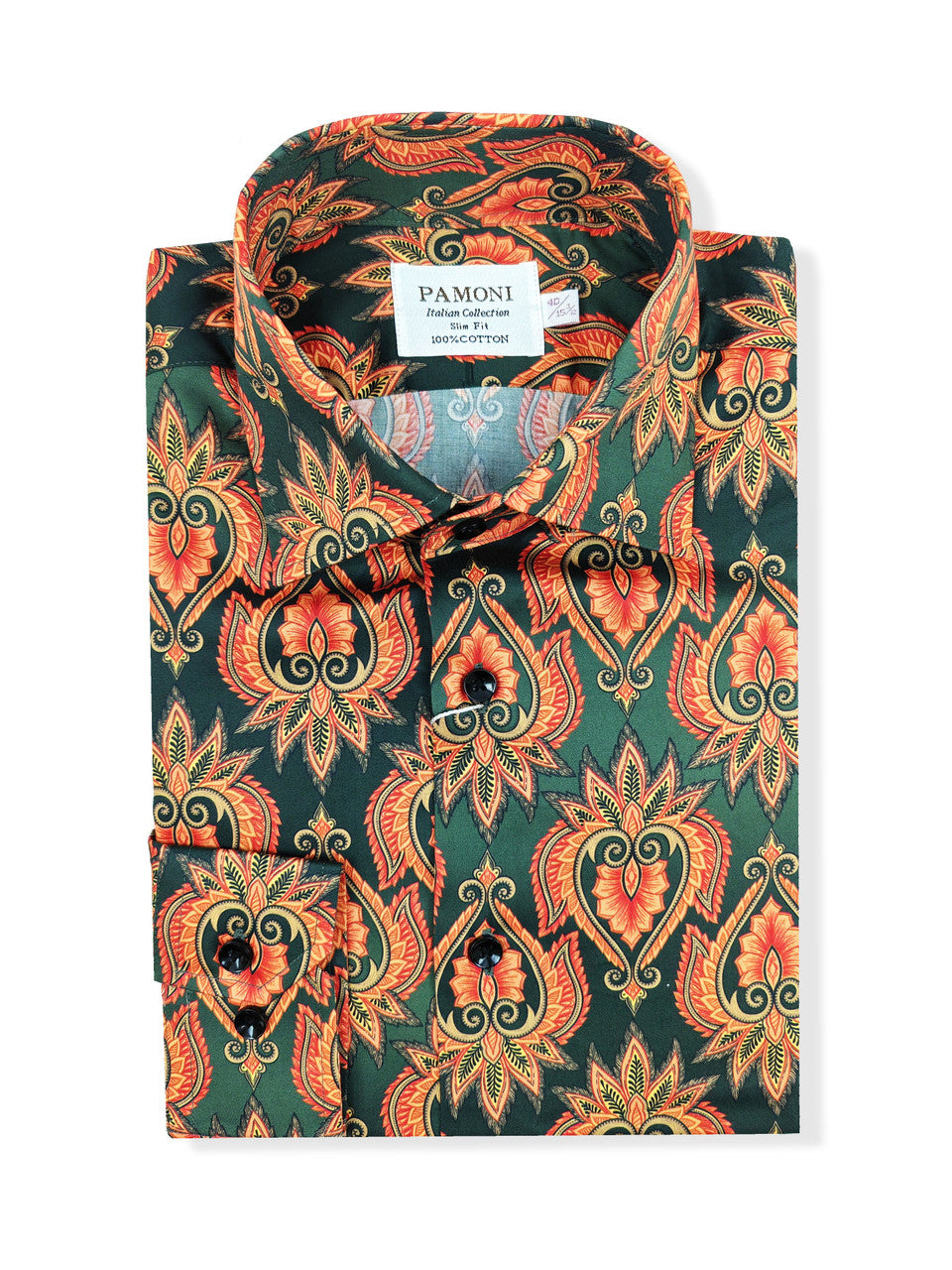 Men's Slim Fit Green Orange Patterned Shirt