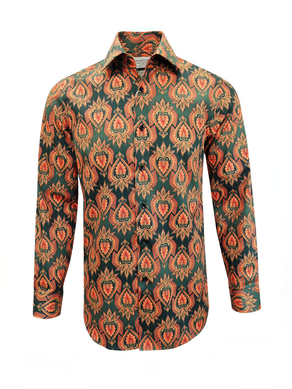 Men's Slim Fit Green Orange Patterned Shirt