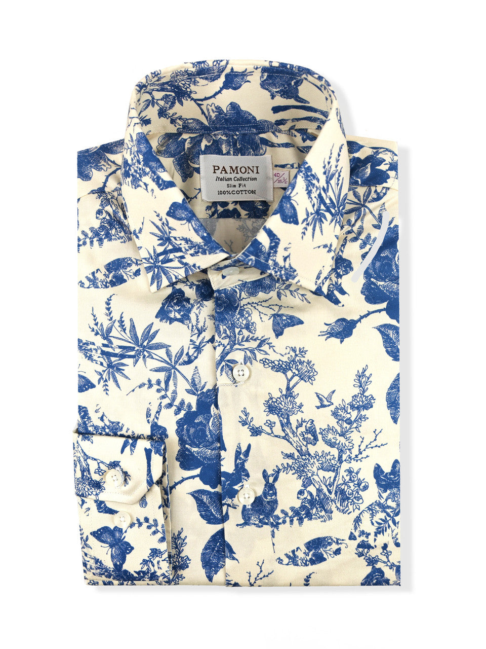 Men's Slim Fit Blue & White Nature Print Shirt