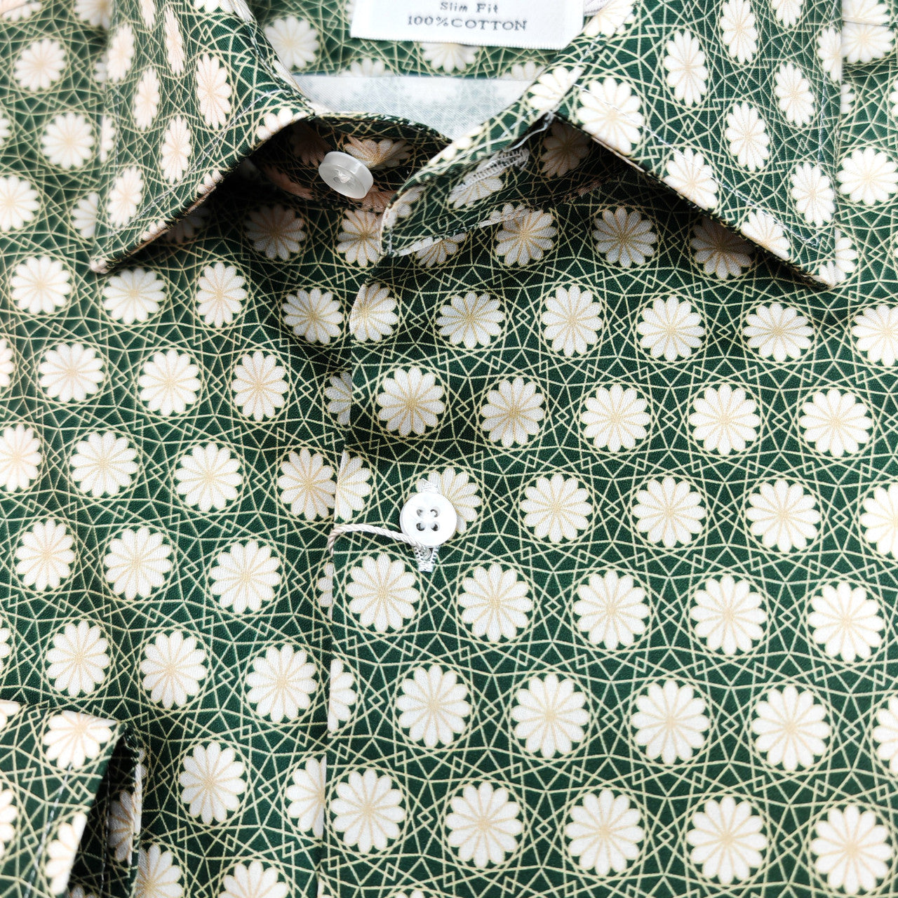 Green Geometric Floral Print Slim Fit Shirt