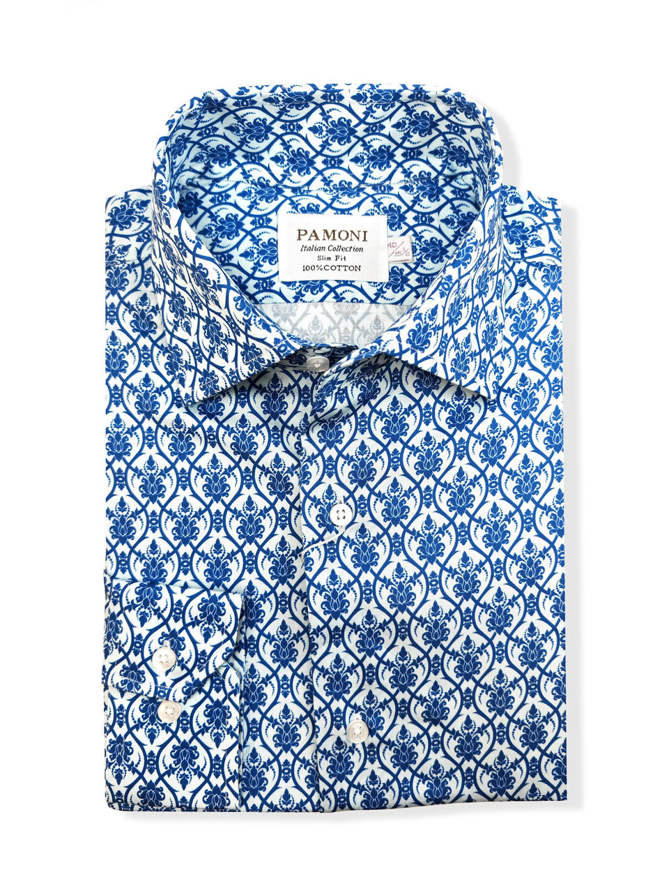 Men’s Blue Floral Tile Print Slim Fit Cotton Shirt
