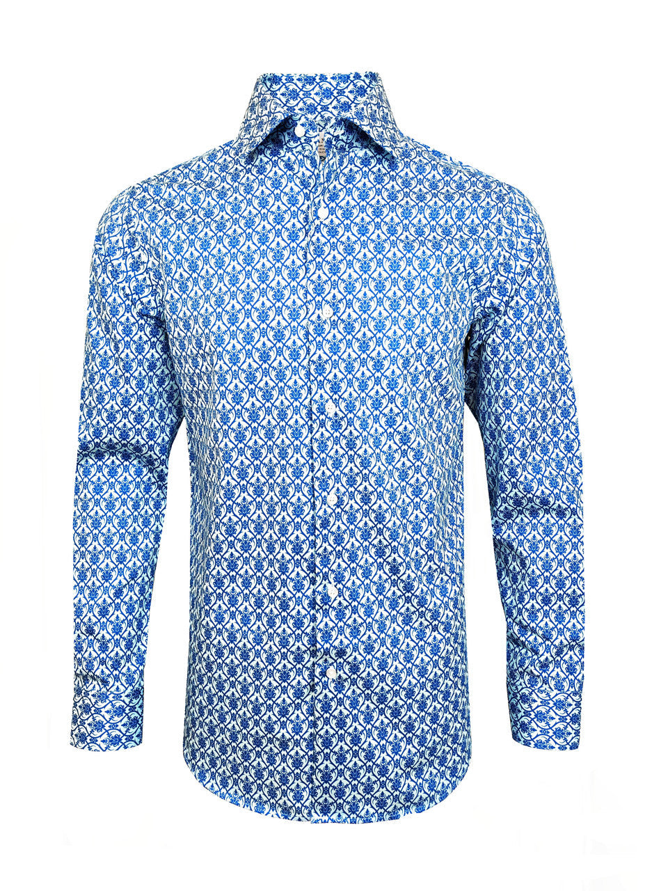 Men’s Blue Floral Tile Print Slim Fit Cotton Shirt