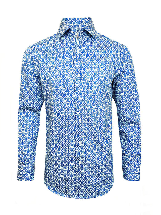 Men’s Blue Floral Tile Print Slim Fit Cotton Shirt