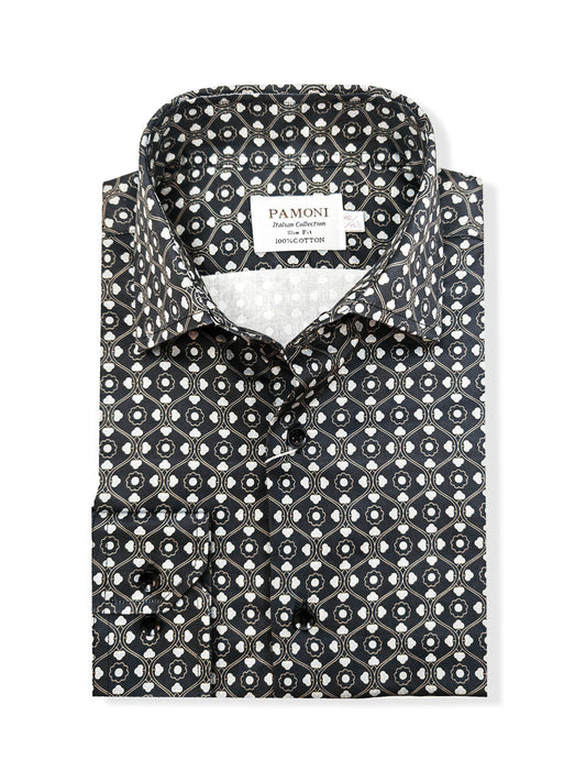 Men’s Black & White Geometric Print Slim Fit Shirt – 100% Cotton