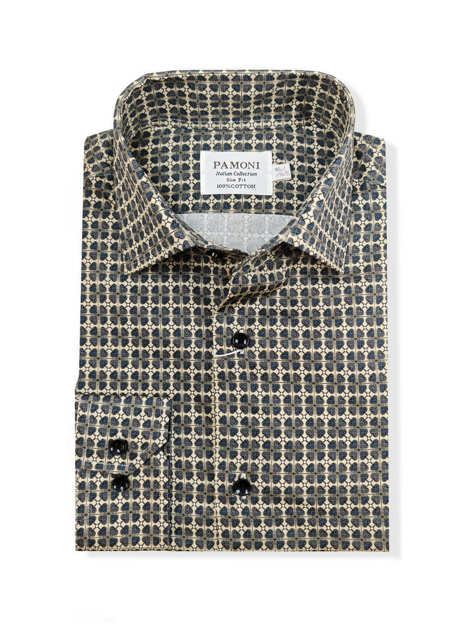 Men’s Beige & Navy Geometric Print Slim Fit Shirt – 100% Cotton