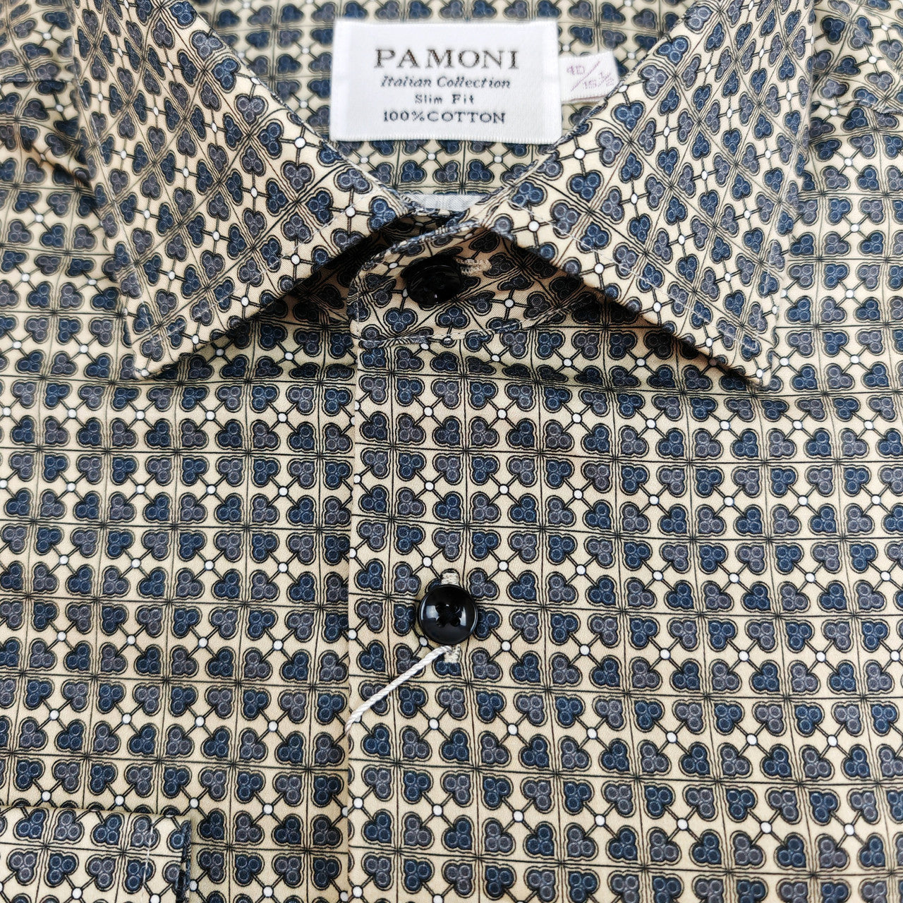 Men’s Beige & Navy Geometric Print Slim Fit Shirt – 100% Cotton