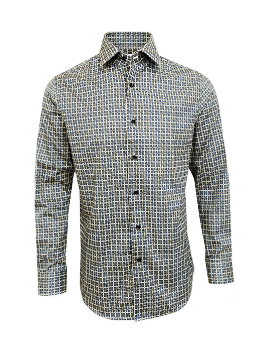 Men’s Beige & Navy Geometric Print Slim Fit Shirt – 100% Cotton