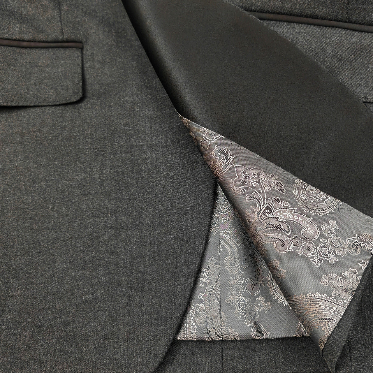 Men’s Slim Fit Wool-Blend Tuxedo with Satin Shawl Lapels – Charcoal