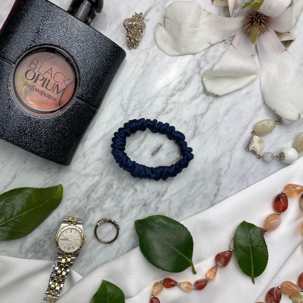 Navy Blue Silk Scrunchie - Skinny
