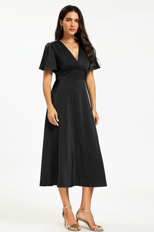 Satin V neckline Button Detail Dress In Black