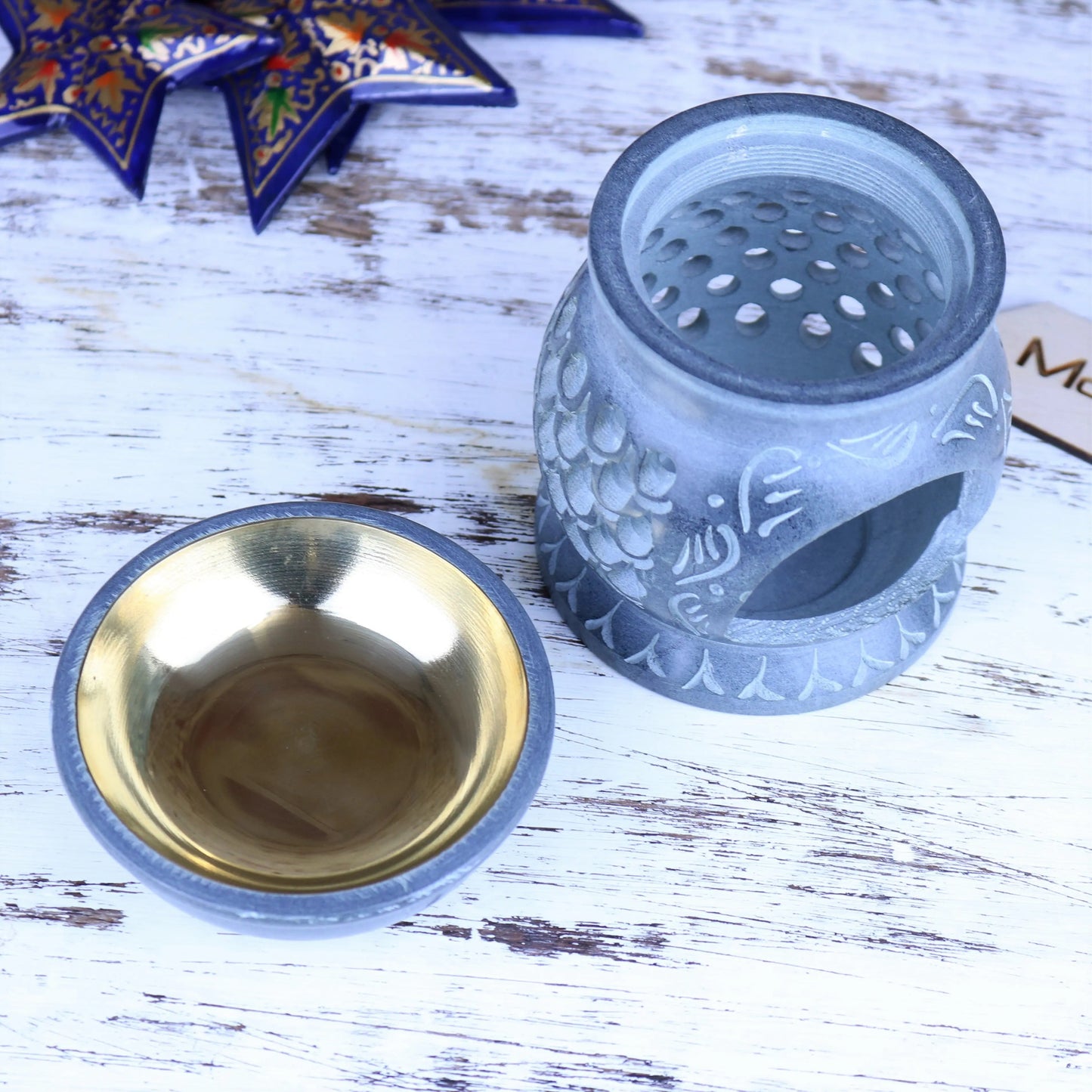 Nokari Grey Carved Soapstone Oil Burner - 6 Designs