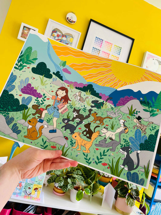 Adventuring Cats Illustration Wall Print