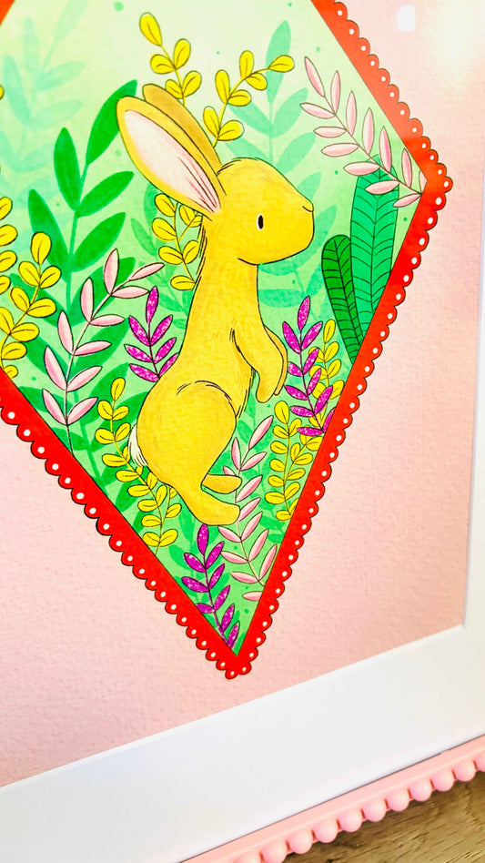 Woodland Bunny Pink Cottagecore Illustrated Art Print