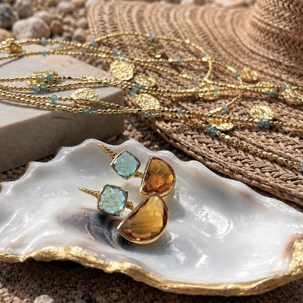 Charis Halfmoon Double Gemstone Earrings Blue Topaz & Citrine