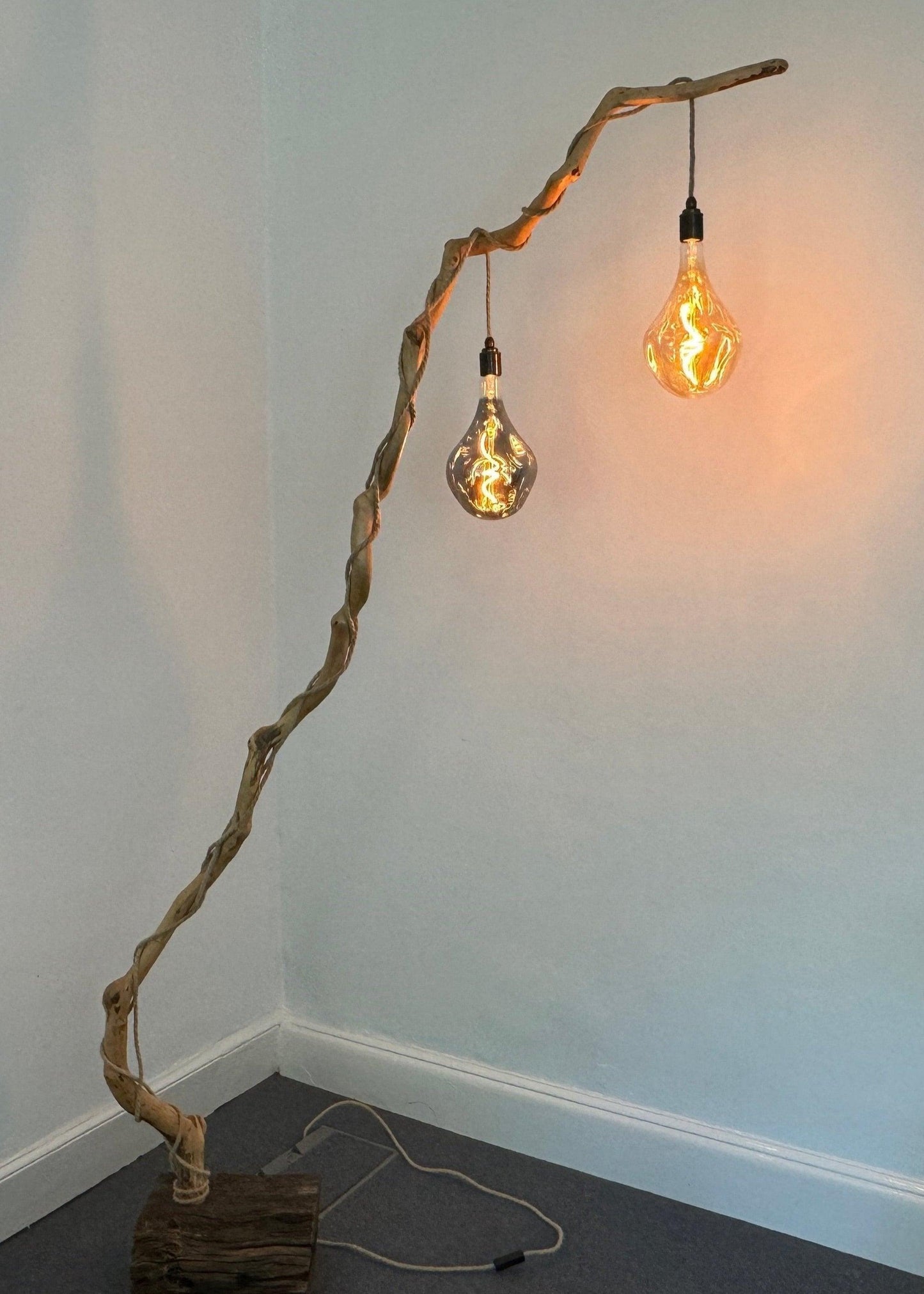 Charlotte – Double-Bulb Branch Floor Lamp with Reclaimed Timber Base