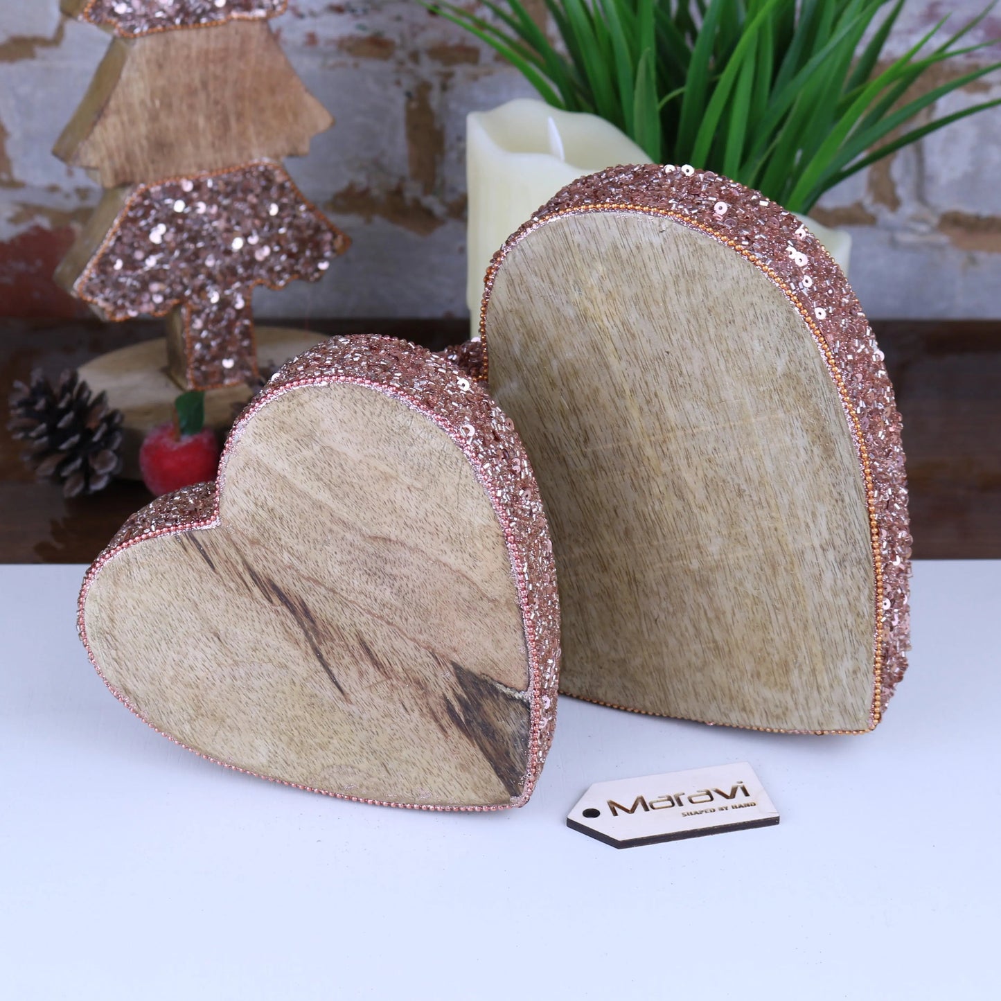 Lovell Christmas Wooden Decoration Heart Shape Copper Jewel Design