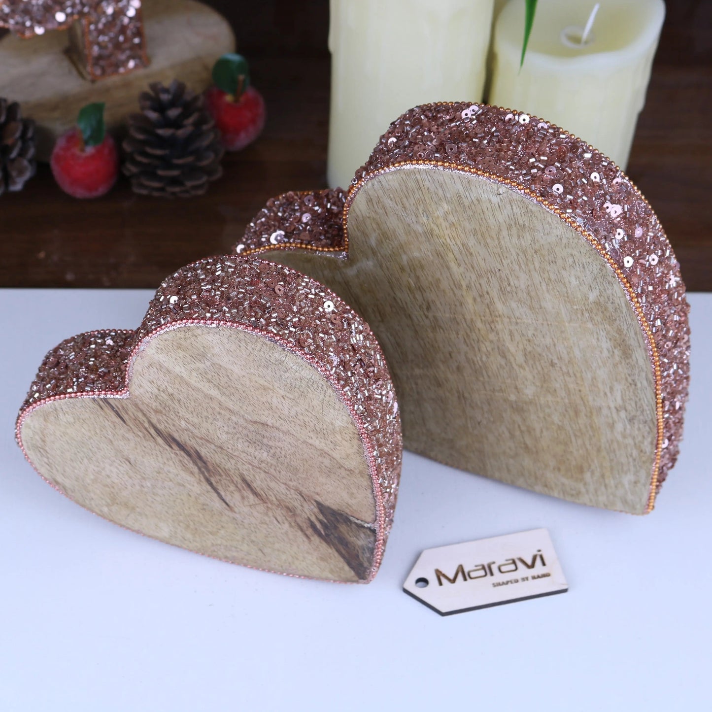 Lovell Christmas Wooden Decoration Heart Shape Copper Jewel Design