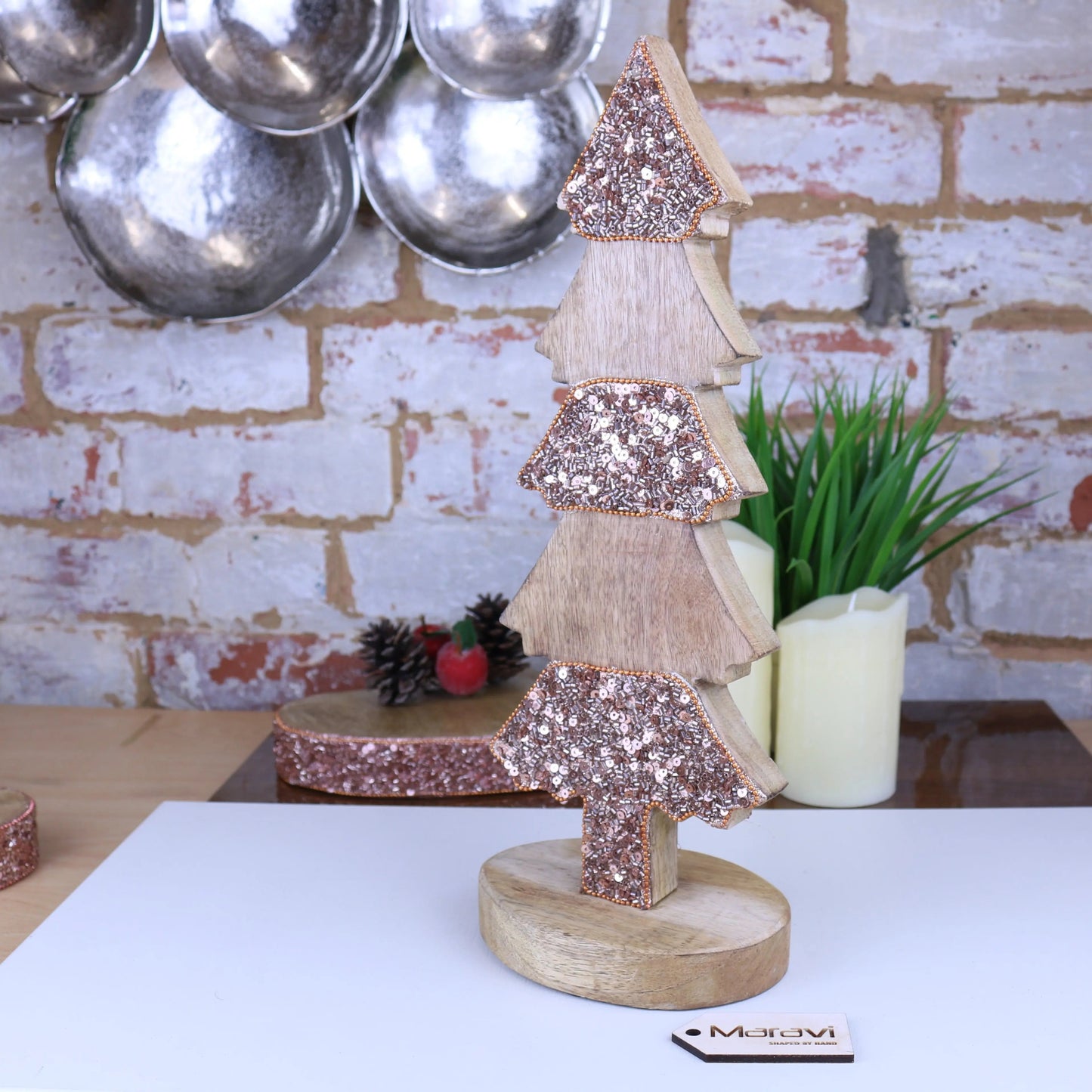 Lovell Wooden Christmas Tree Ornament Copper Jewel Design 38cm