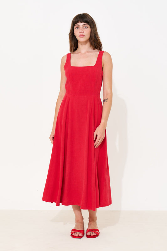 Baya Linen Mix Square Neck Midi Dress - Red