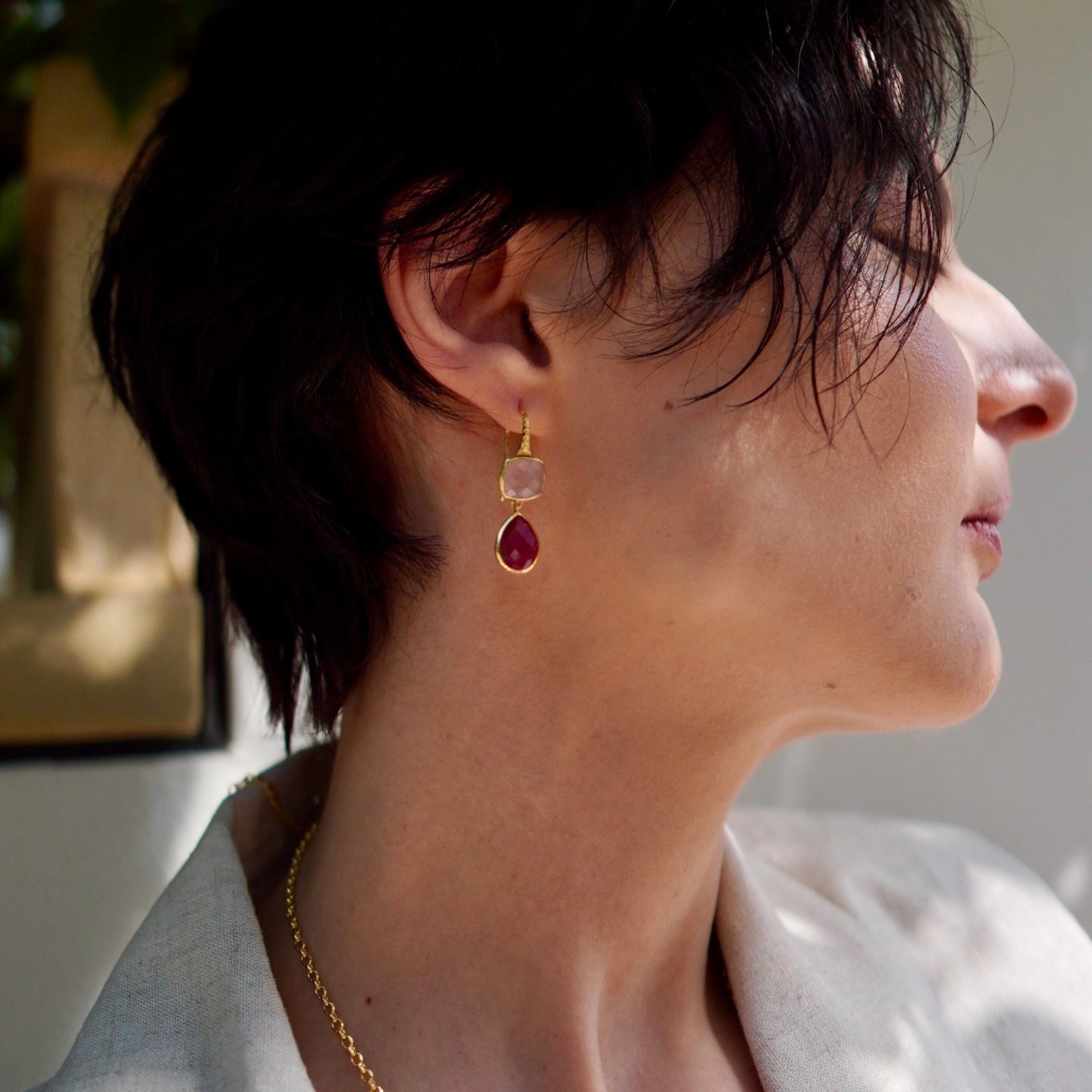 Charis Double Gemstone Earrings Rose Quartz & Ruby