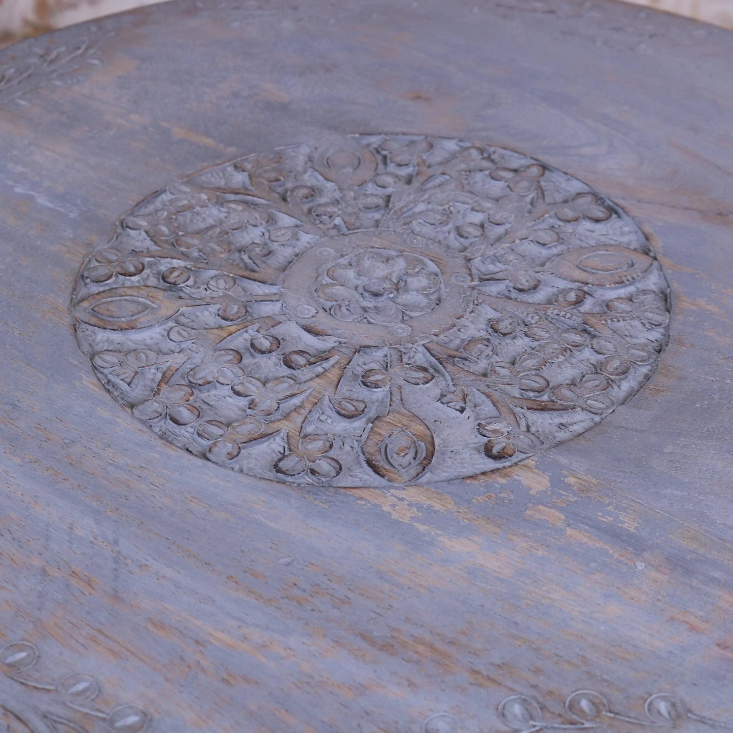 Pharoli Grey Wooden Side Table Grey Carved Patterns