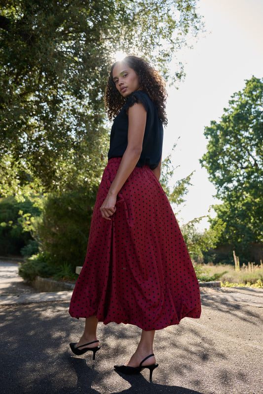 Dixie Spot Print Bubble Hem Midaxi Skirt - Wine
