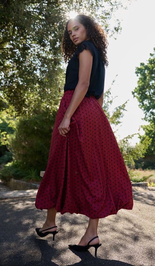 Dixie Spot Print Bubble Hem Midaxi Skirt - Wine