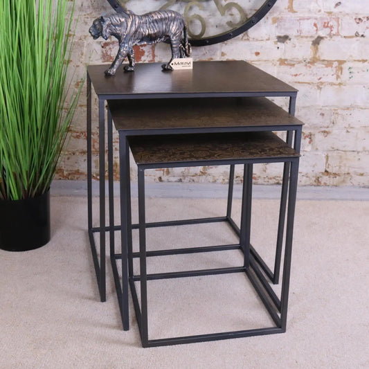 Supli Nest of 3 Tables Gold Embossed Flower Pattern