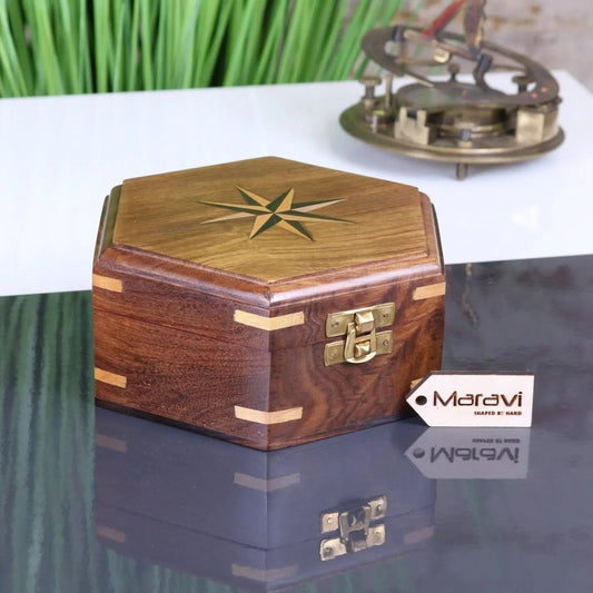 Araria Hexagonal Wooden Box with Compass Inlay