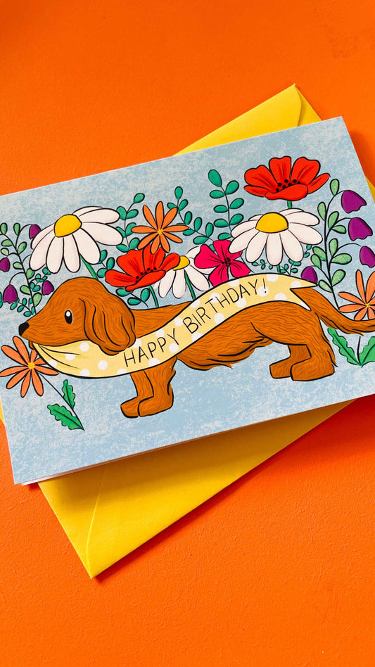 Daschund Illustrated Birthday Card