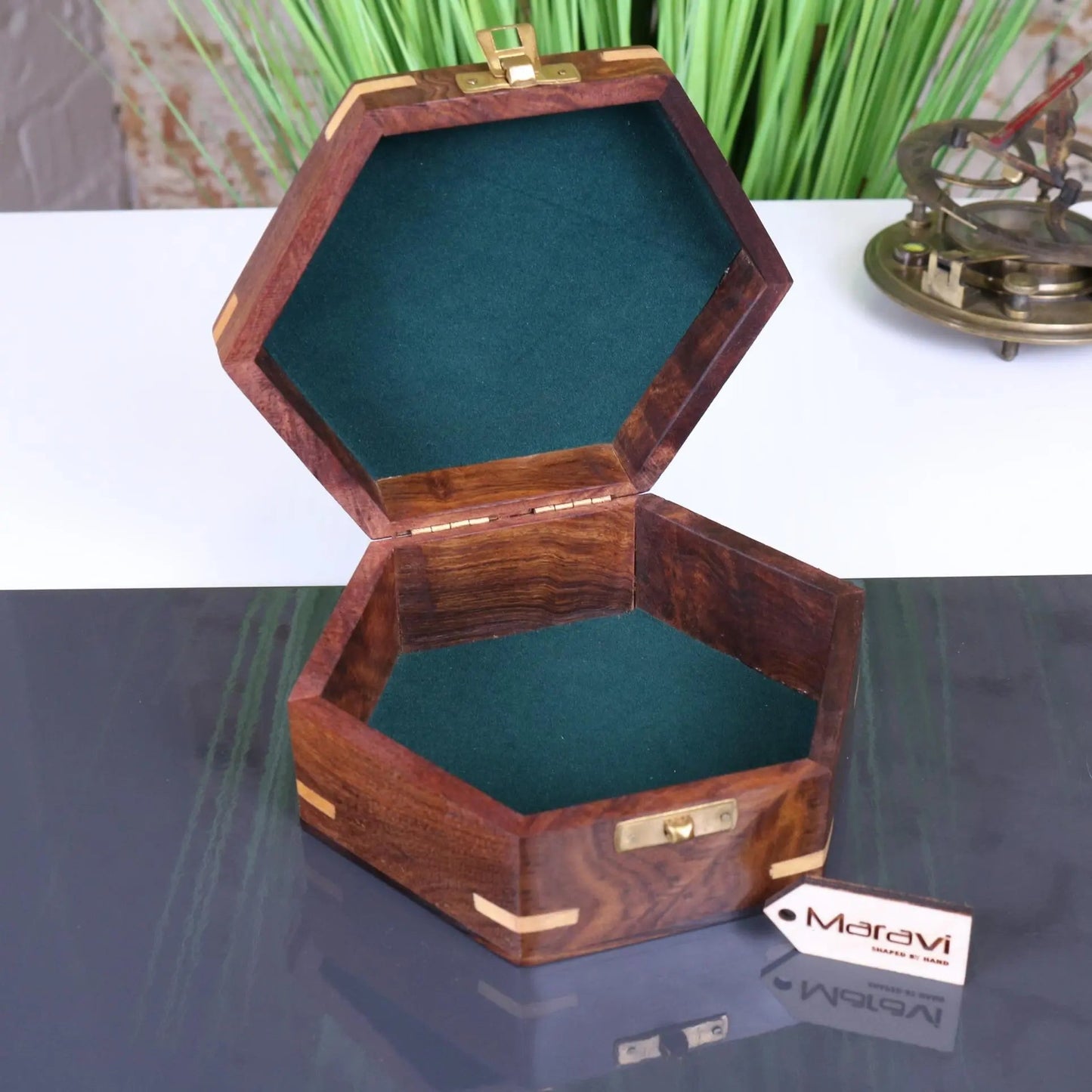 Araria Hexagonal Wooden Box with Compass Inlay