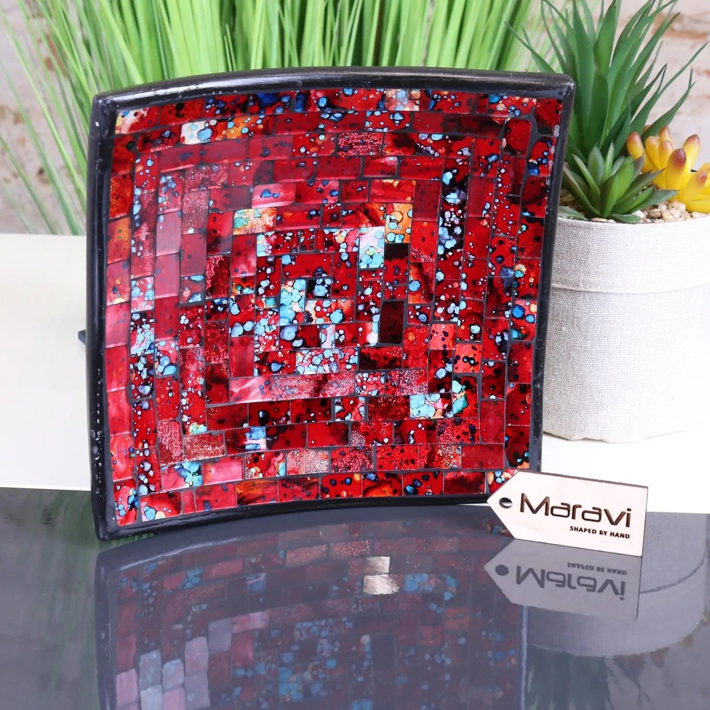 Galib Red Mosaic Candle Plate 20cm Tonal