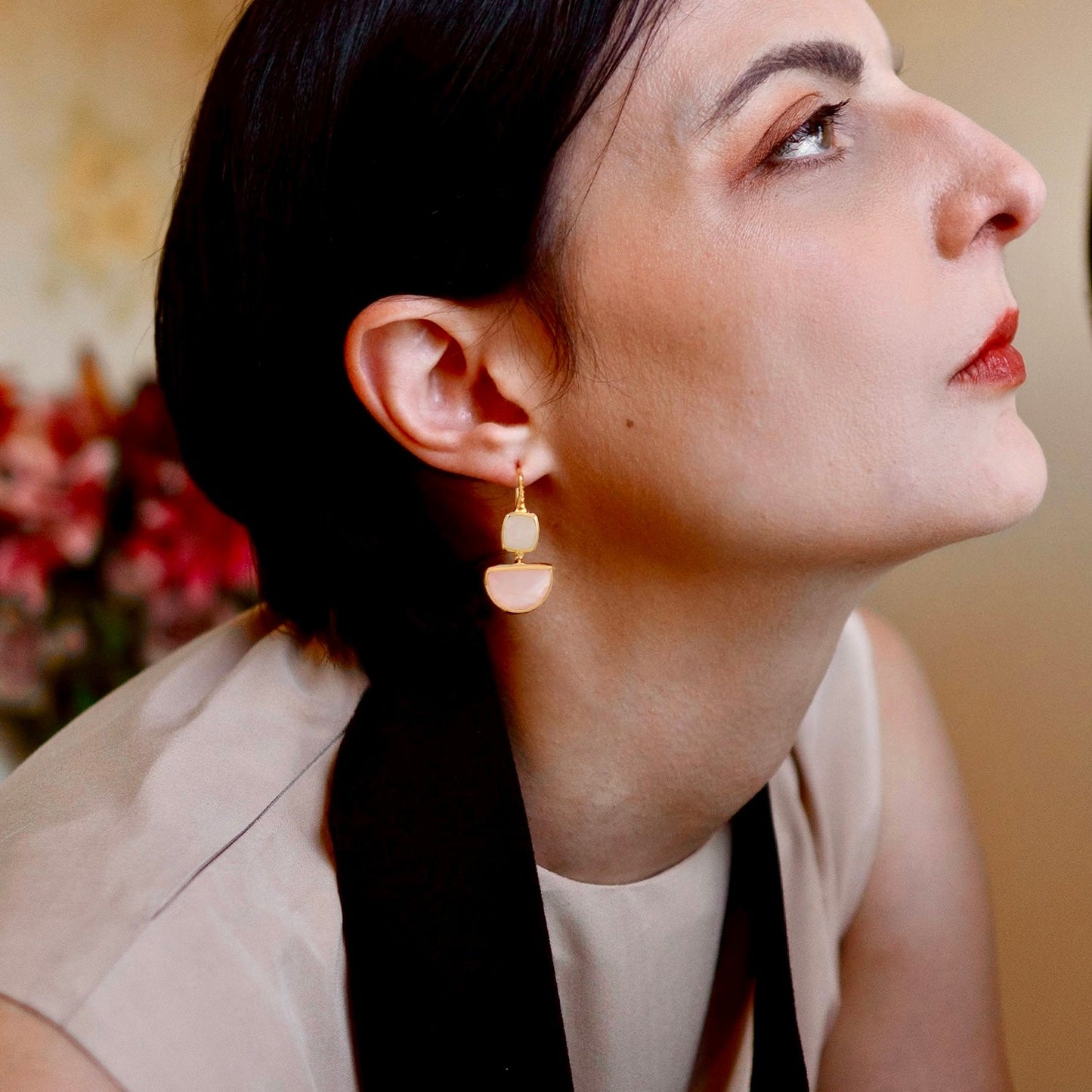 Charis Halfmoon Double Gemstone Earrings Moonstone & Rose Quartz