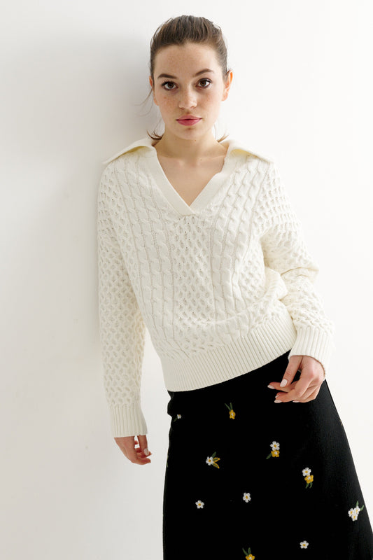 Jamie Cable Collar Jumper - Off White