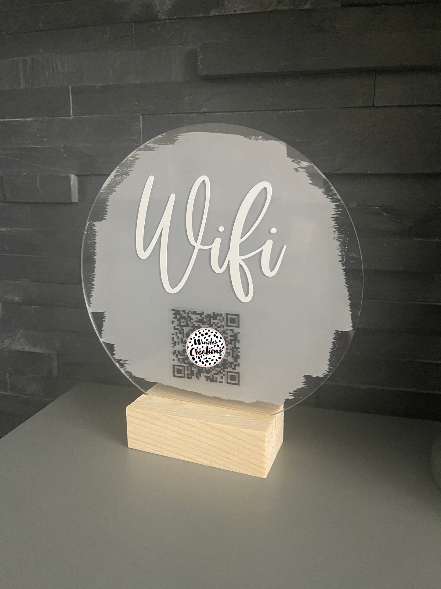 Custom Wifi QR Code Scan Me Painted Acrylic Plaque Sign With Wooden Base