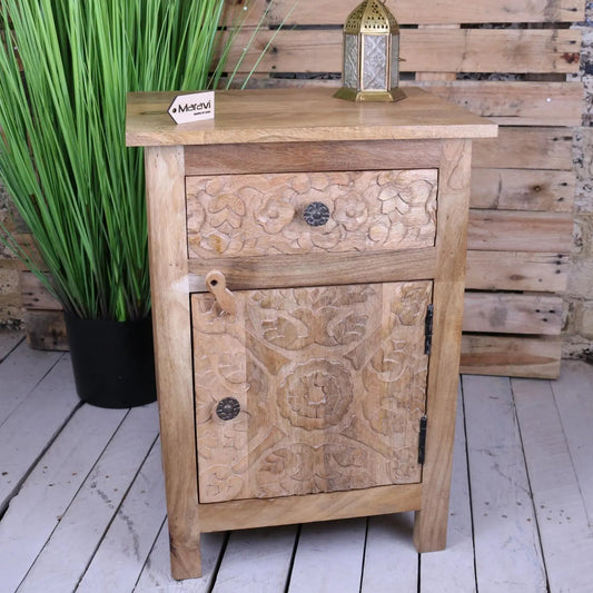 Nausel Mango Wood Bedside Cabinet Hand Carved