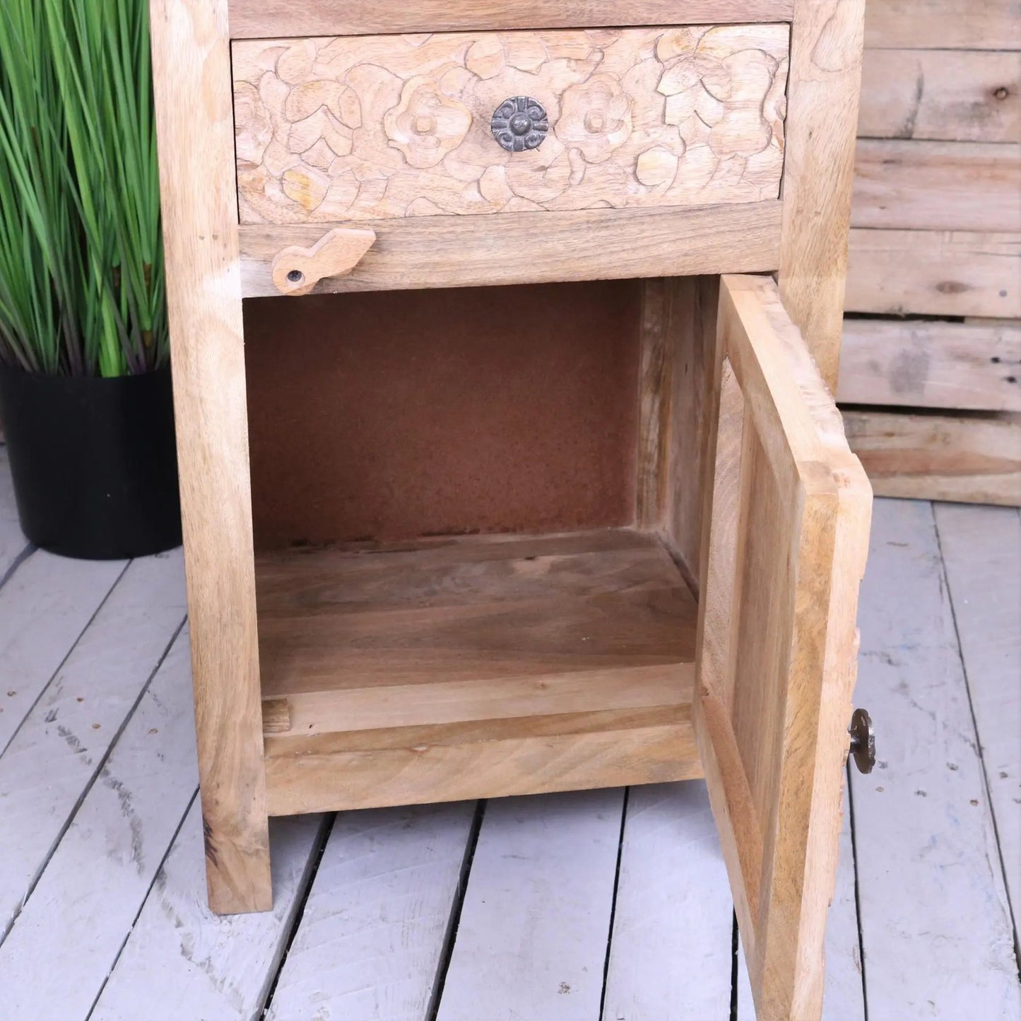 Nausel Mango Wood Bedside Cabinet Hand Carved