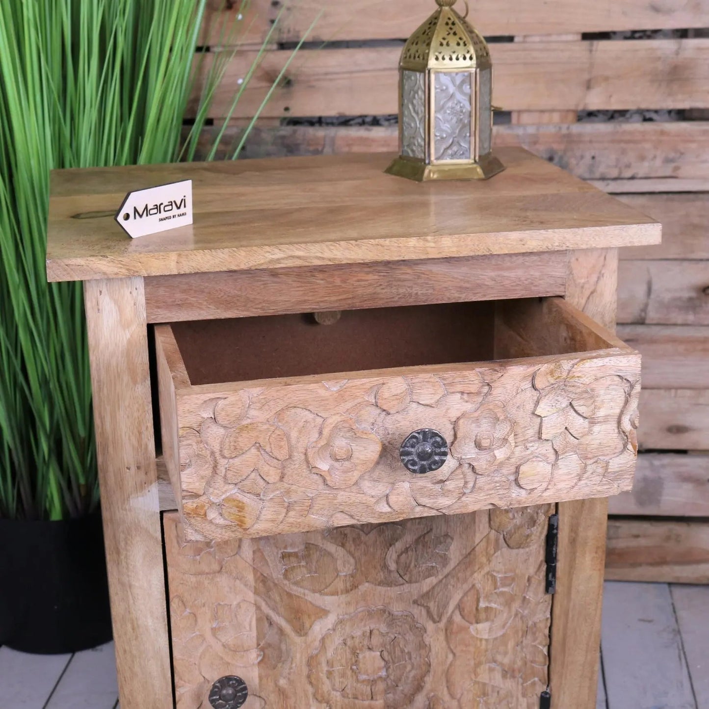 Nausel Mango Wood Bedside Cabinet Hand Carved