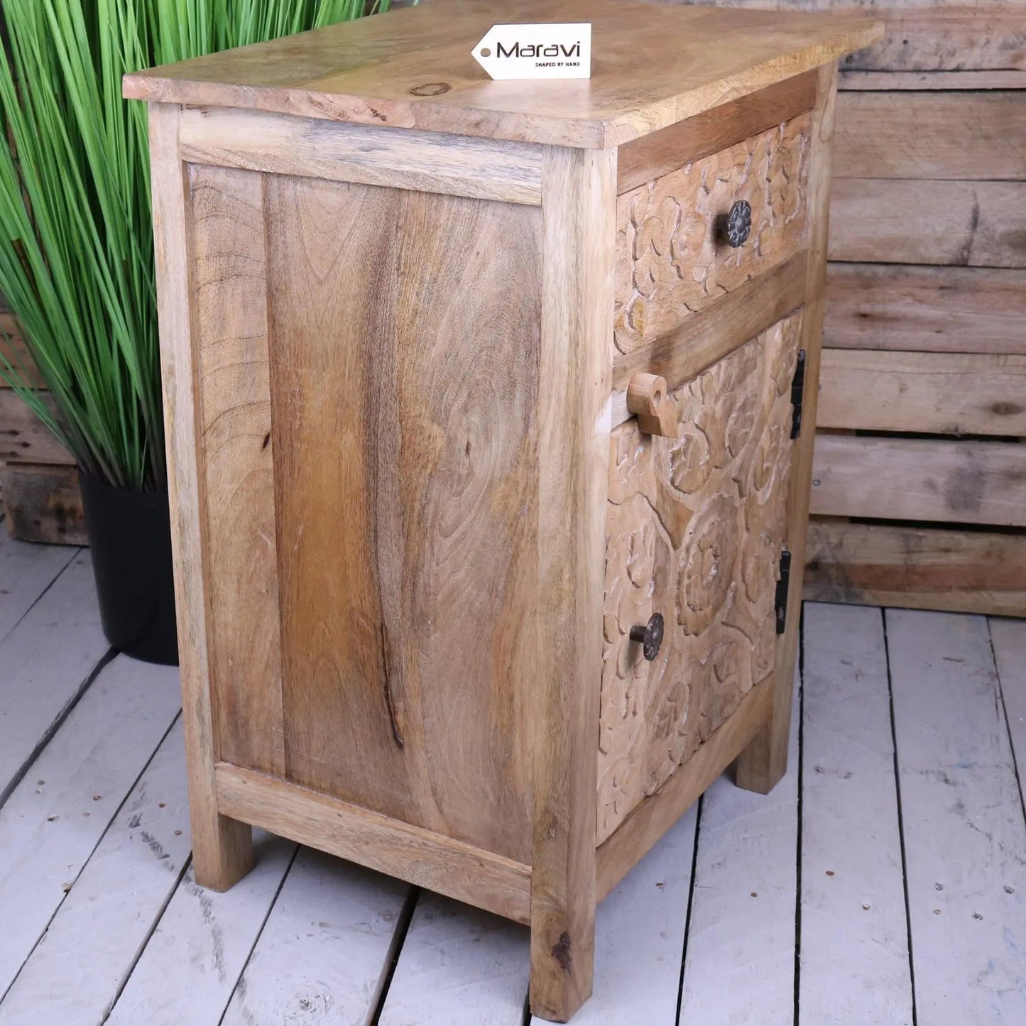 Nausel Mango Wood Bedside Cabinet Hand Carved