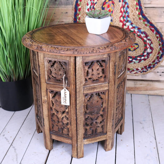Rengali Large Mango Wood Side Table Leaf Carving