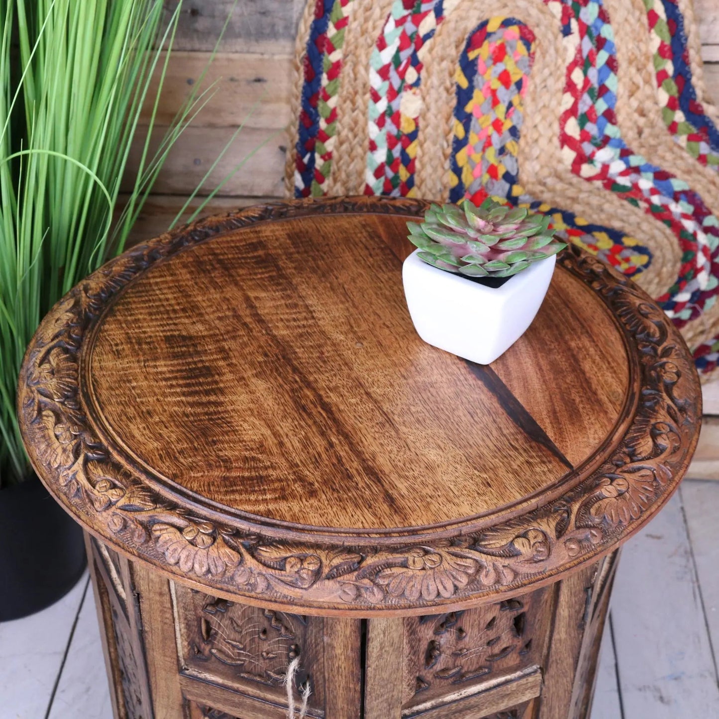 Rengali Large Mango Wood Side Table Leaf Carving