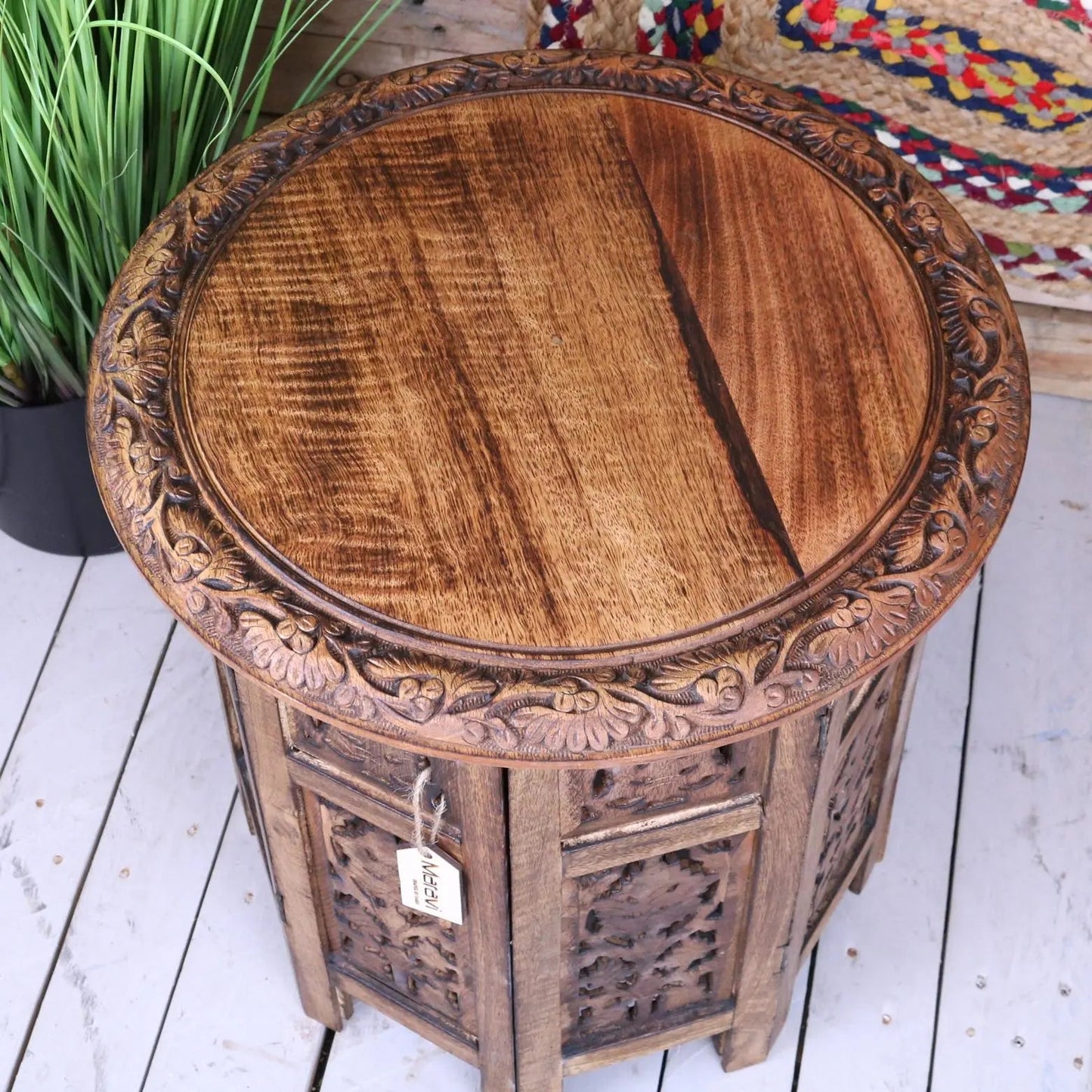 Rengali Large Mango Wood Side Table Leaf Carving