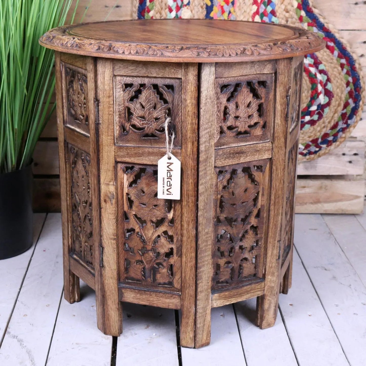 Rengali Large Mango Wood Side Table Leaf Carving