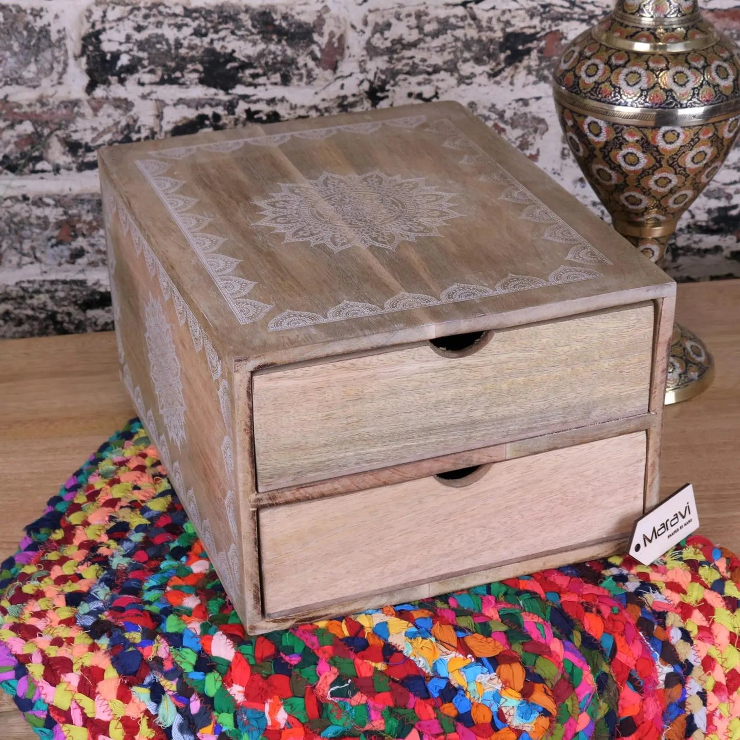 Hijla A4 Wooden Box Filing 2 Drawers Mandala Design