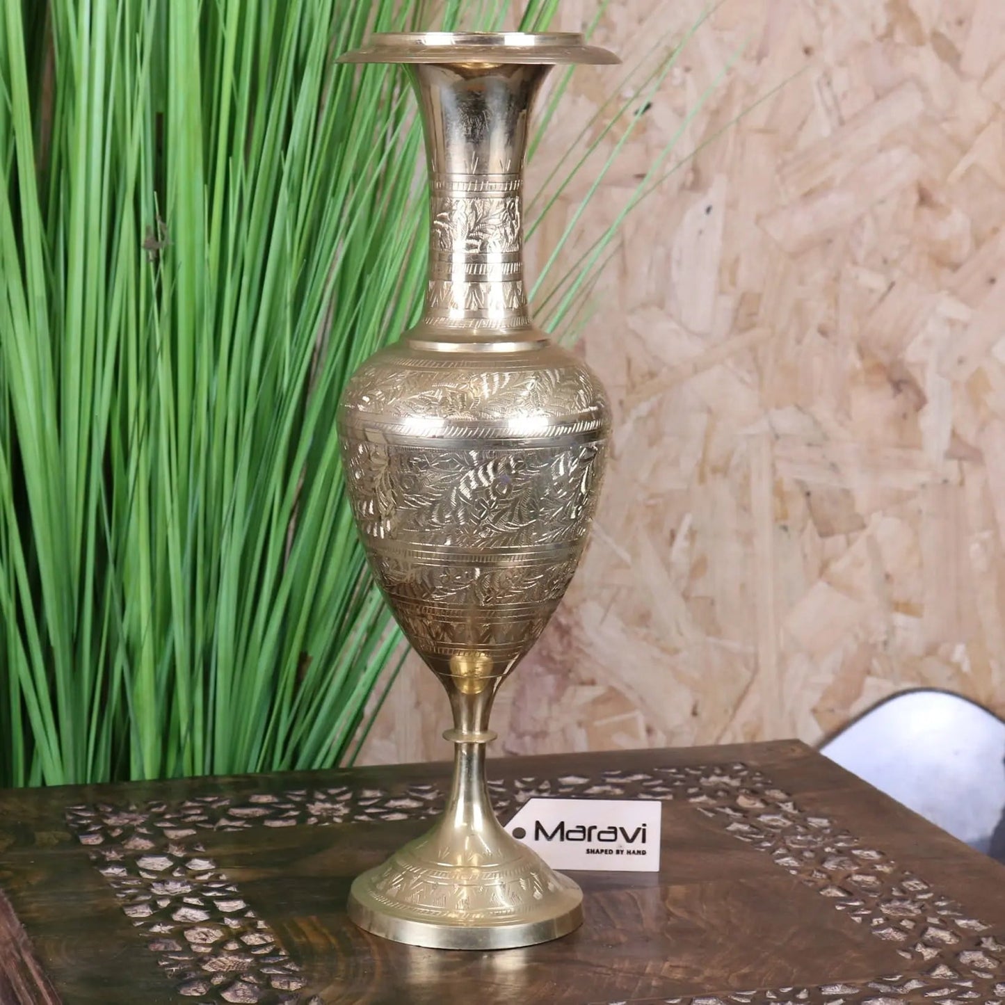 Vintage 36cm Small Brass Vase Hand Etched